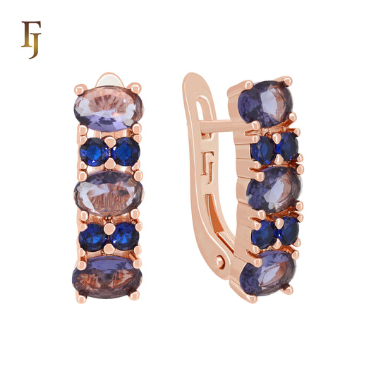Cluster oval blue and purple CZs Rose Gold Russian Lock Earrings