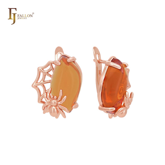 Great marquise orange amber spider and spider net Rose Gold Russian Lock Earrings