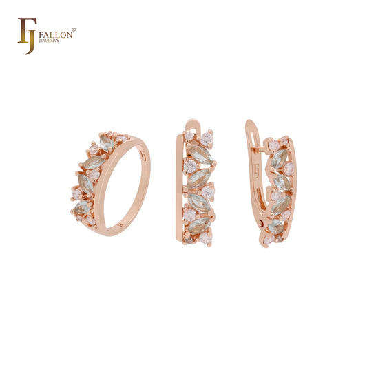 Conjunto de joias de ouro rosa com zircônias cúbicas em branco e azul com anéis