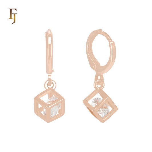Geometric white CZ solitaire encaged Rose Gold Huggie Earrings