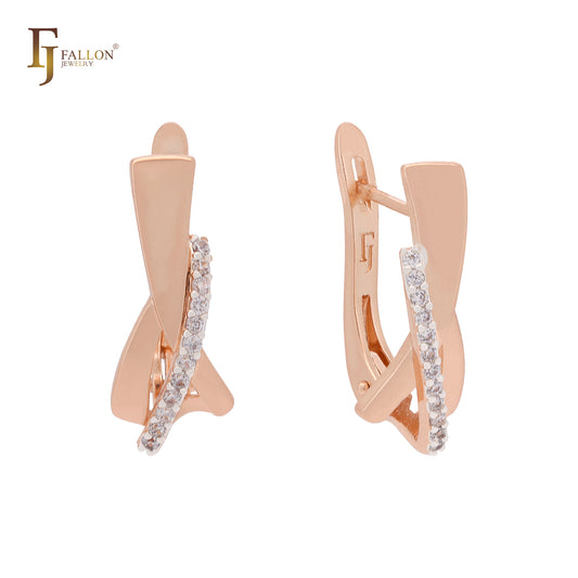 Twisted ribbon of white Czs Rose Gold two tone Russian Lock Earrings