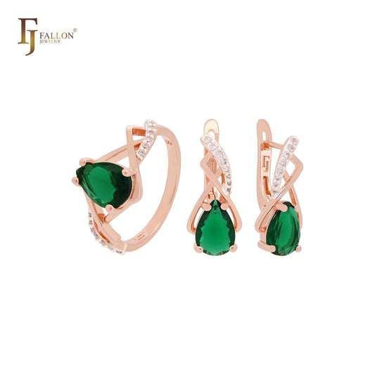 Conjunto de joyas de oro rosa de dos tonos con circonitas cúbicas escarlatas en forma de pera con garras cruzadas y anillos