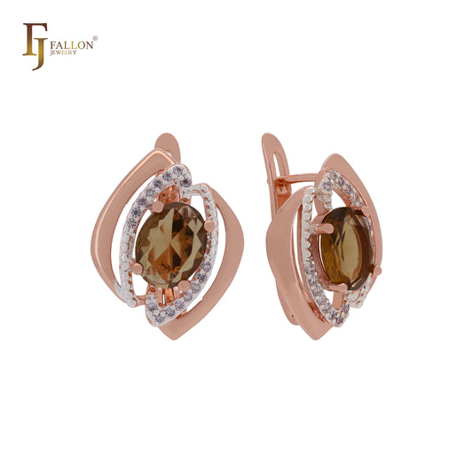 Oval tulip flower Coffe CZ Rose Gold two tone Russian Lock Earrings
