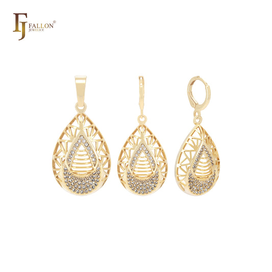 Conjunto de joyas de oro de 14 quilates con circonitas blancas en forma de lágrima y colgante