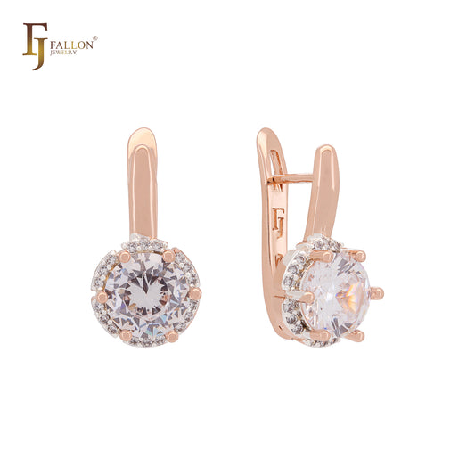 Solitaire Halo Big Rounded Colorful CZ Rose Gold two tone Russian Lock Earrings