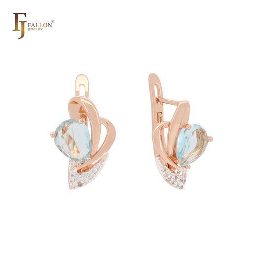 Solitare lake blue cz blooming elegant Rose Gold two tone Russian Lock Earrings