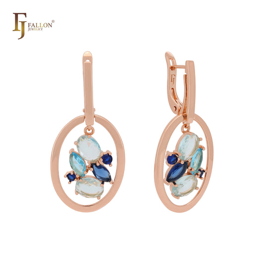 Luxurious Cluster Lake blue and deep blue CZs Rose Gold Russian Lock Earrings
