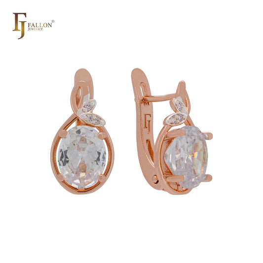 Solitaire Orange CZs with leaves of white CZ Rose Gold two tone Russian Lock Earrings