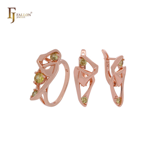 Conjunto de joias geométricas triangulares com zircônias cúbicas verde oliva e ouro rosa com anéis