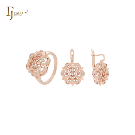 Conjunto de joyas de oro rosa de 14 quilates con circonitas blancas en forma de flor y anillos