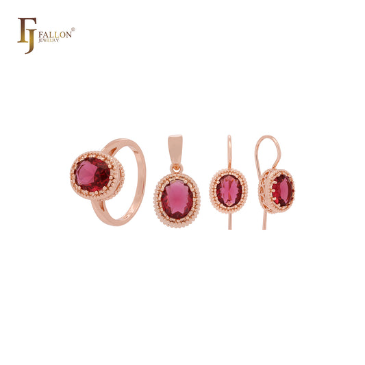 Conjunto de joyas de oro rosa con solitario de circonitas rojas y halo, anillos y colgante.