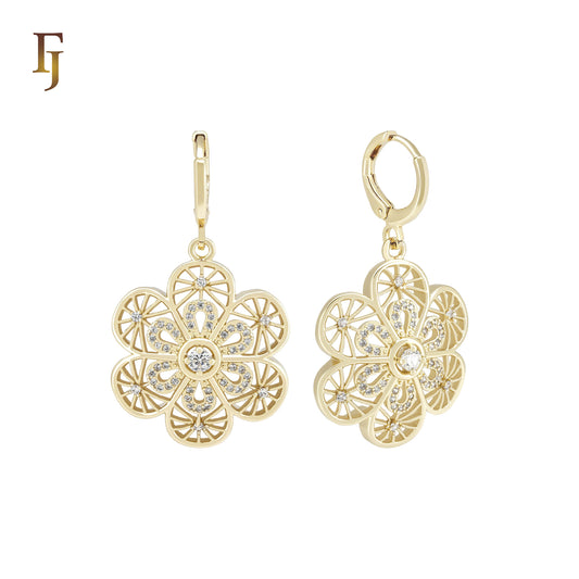 Flower of six petals Snowflake of white CZs 14K Gold Huggie drop Earrings