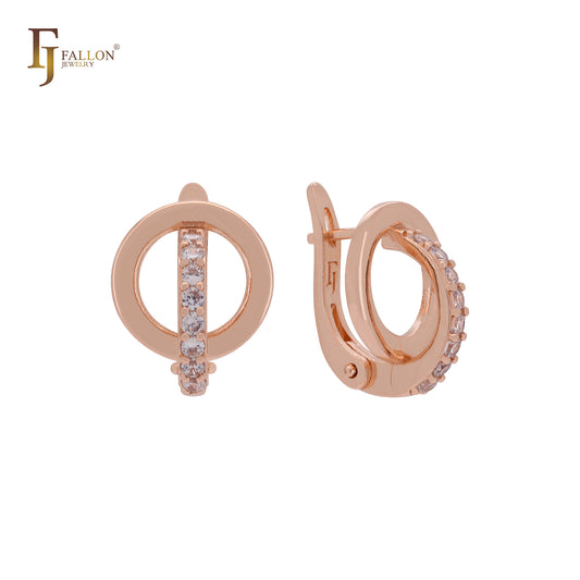 Elegant circle crossing circle of white CZs Rose Gold Russian Lock Earrings