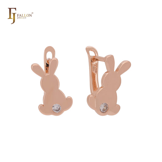 Brincos de pressão para crianças Little Rabbit em ouro rosa e zircônia cúbica branca