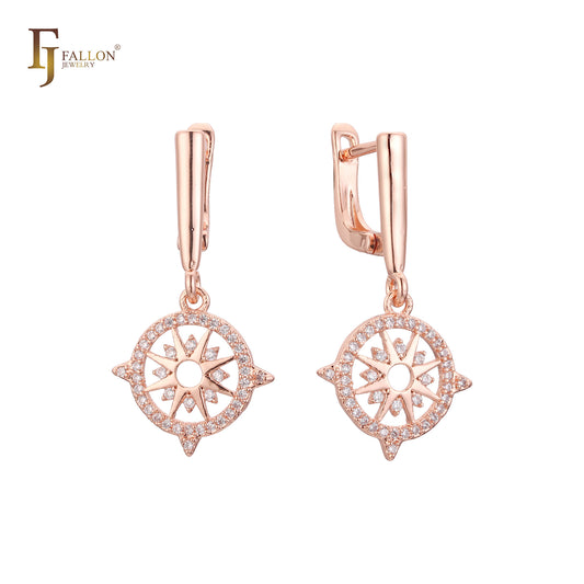 Drop white CZs Halo Sun Rose Gold Russian Lock Earrings