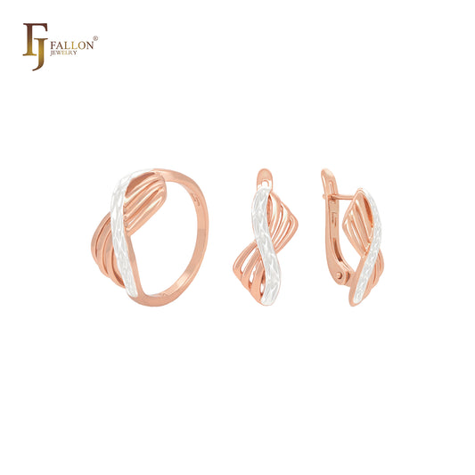 Conjunto de joias elegantes em dois tons de ouro rosa com fita trançada