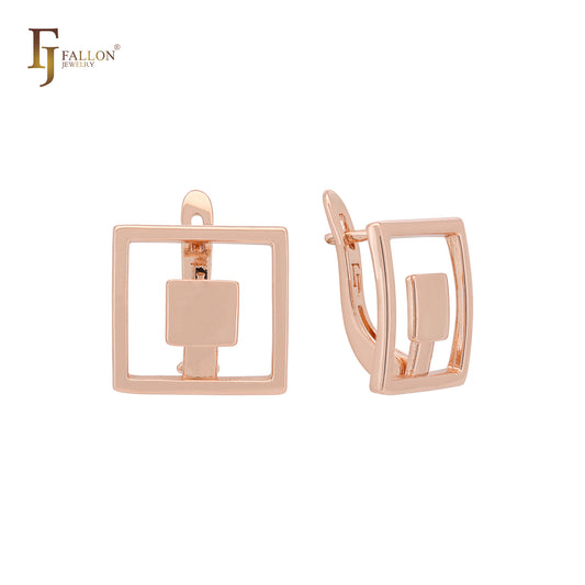 Squared Framed Geometric designed Rose Gold Russian Lock Earrings