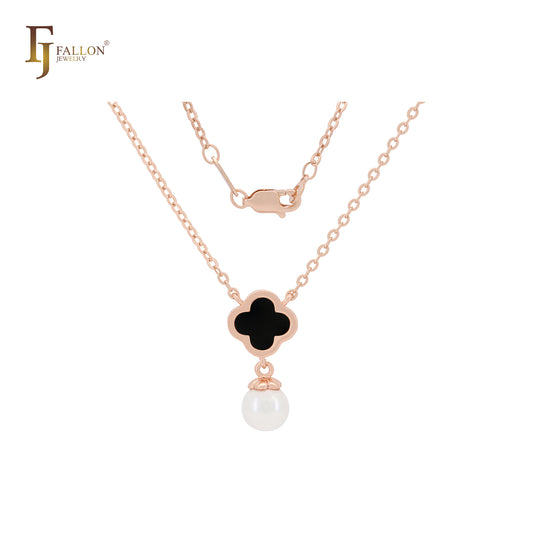 Модное ожерелье из белого или черного розового золота с жемчугом и клевером