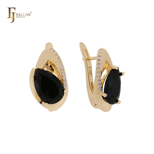 Solitaire pear shape black CZ Rose Gold Russian Lock Earrings