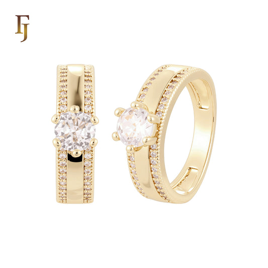 Flank double paved white CZs 14K Gold Wedding Set Rings Engagement and Band