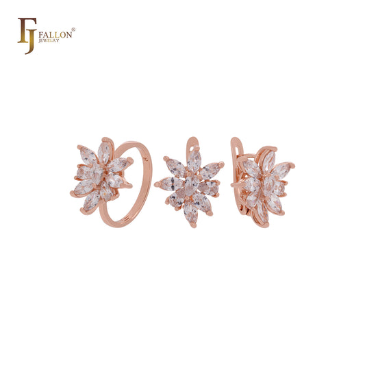 Conjunto de joias em ouro rosa com anéis e luxuoso buquê de zircônias cúbicas marquise brancas ou azuis