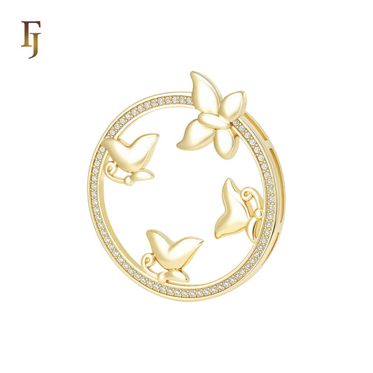 Halo circle of white CZs butterflies 14K Gold Fashion Pendant