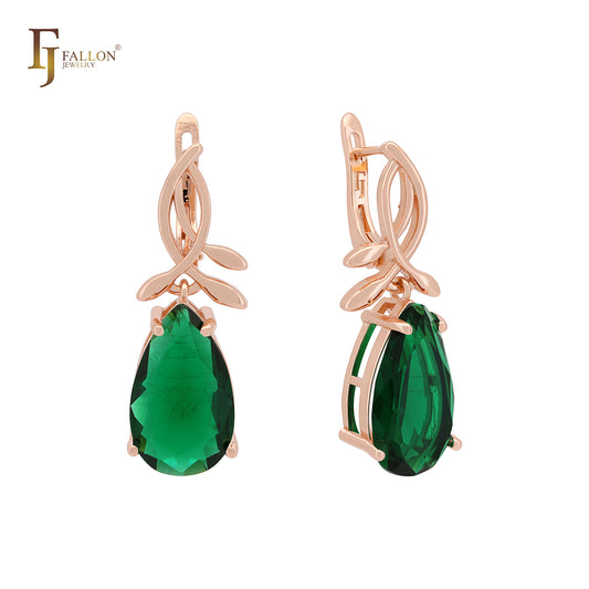 Pear shape Solitaire Colorful CZ Rose Gold Russian Lock Earrings