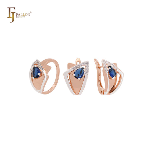 Conjunto de joyas triangulares geométricas superpuestas en oro rosa de dos tonos con anillos