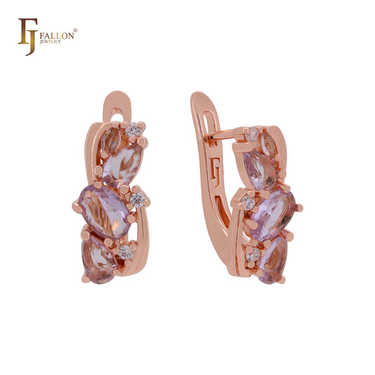 Cluster light pink purple luxurious CZs Rose Gold Russian Lock Earrings