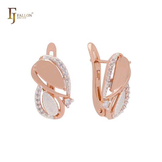 Crossing teardrop shape with white CZs Rose Gold two tone Russian Lock Earrings
