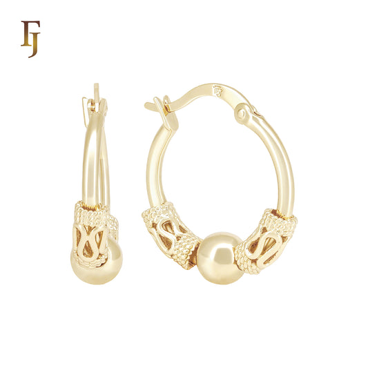 Filigree Beads Glossy 14K Gold Hoop Earrings
