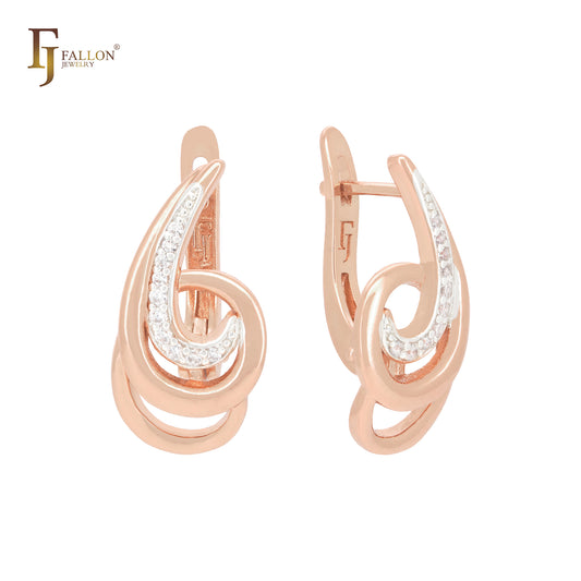 Whirling up waves of white CZs Rose Gold Russian Lock Earrings