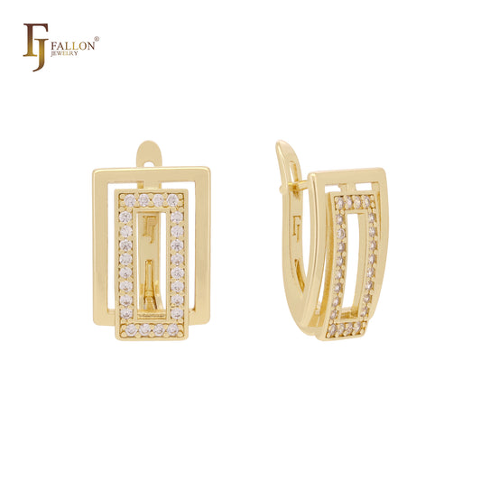 Rectangular Geometric Halo white CZs 14K Gold, Rose Gold Russian Lock Earrings
