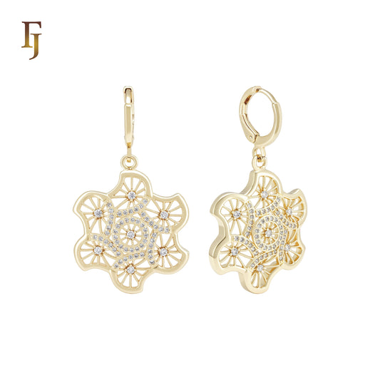 Six spining Petals Snowflake of white CZs 14K Gold Huggie drop Earrings