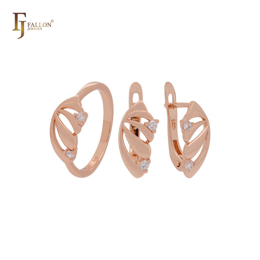 Conjunto de joyas de oro rosa con anillos y concha ancha de doble circonita blanca