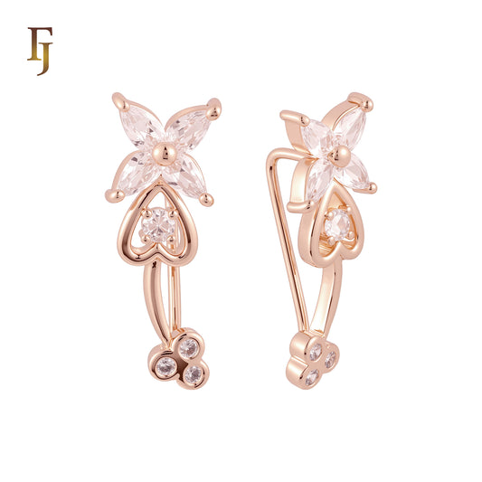 Flower of white CZs blooming Rose Gold Crawler Earrings Ear Climbers