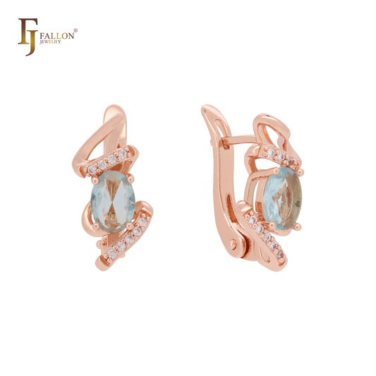 Pendientes de oro rosa con solitario espiral ovalado de circonita cúbica y racimo de circonitas blancas