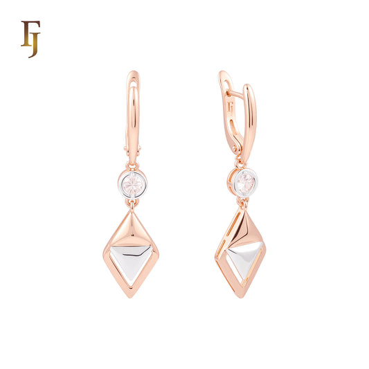 The Spade Rhombus of Solitaire White CZ Rose Gold two tone Russian Lock Earrings