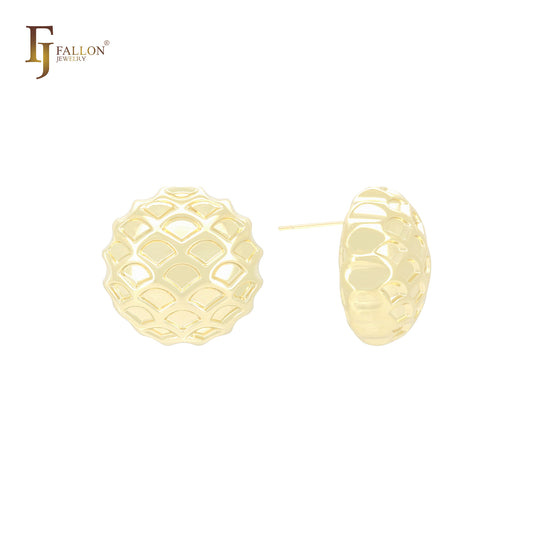 Pendientes de botón con forma de piña texturizada y redondeada en oro de 14 quilates, oro rosa y oro blanco.