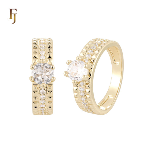 Rhombus textured center paved white CZs 14K Gold Wedding Set Rings Engagement and Band