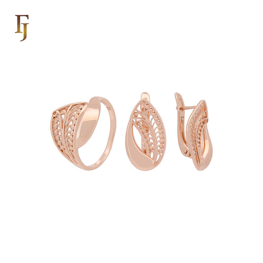 Rose Gold Jewelry Set – Filigree Russian Lock Earrings and Matching Ring | Leaf Pattern Elegant Set by FJ Jewelry