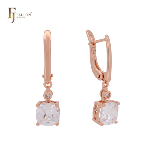 Cushion Cut white solitaire drop CZ Rose Gold Russian Lock Earrings