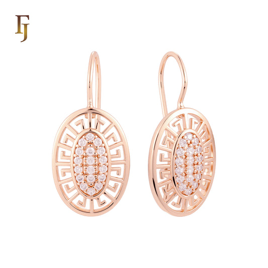 Oval shaped of Greek key meander Rose Gold Wire Hook Earrings