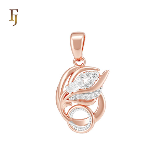 Flower feather of white CZs Rose Gold two tone Pendant