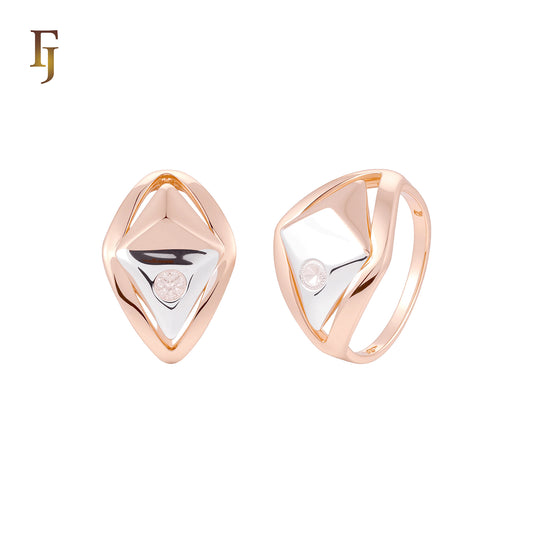 The Spade Rhombus of Solitaire White CZ Rose Gold two tone Fashion Rings