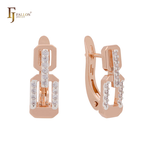 Double buckles of lock with white CZs Rose Gold two tone Russian Lock Earrings