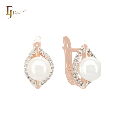 Teardrop Russian Lock Earrings with Pearl and CZ – Rose Gold Design by FJ Jewelry