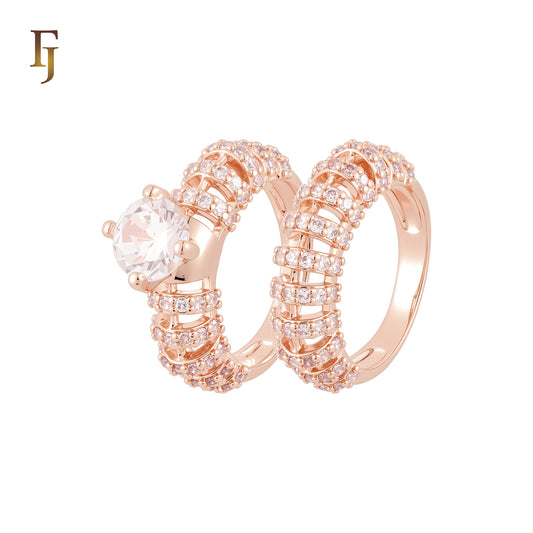 Thousand parallel bands of white CZs 14K Gold, Rose Gold Wedding Set Rings Engagement and Band
