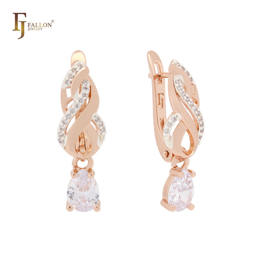 Solitaire Pear shape white CZ with paved white CZs Rose Gold Russian Lock Earrings