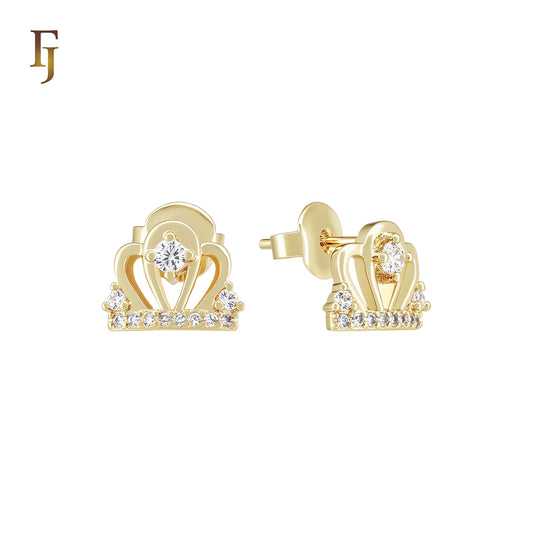 White CZs Crown cluster 14K Gold Stud Earrings